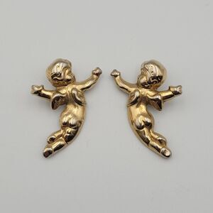 Vintage Cherub Angel Post Earrings Gold Tone Lightweight '80s Costume Jewelry